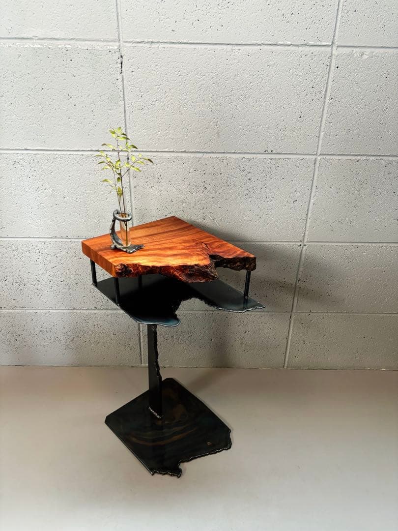 欅サイドテーブルアイアン家具観葉植物一輪挿し花台一枚板盆栽台