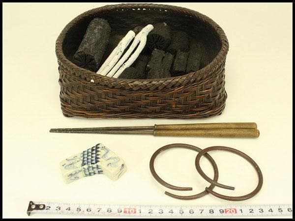 茶道具 竹網 時代 炭斗 炭 火箸 香合 釜環 揃い まとめて(A703)