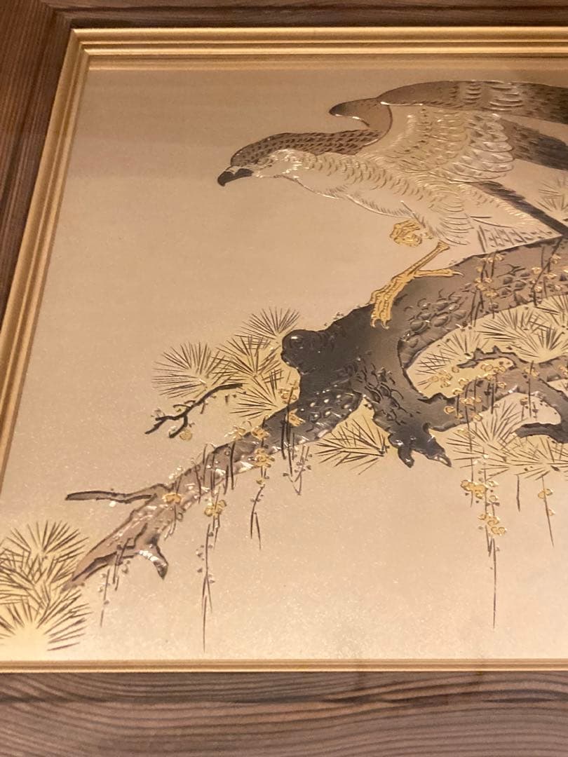 希少　堀口光彦 彫金額 松樹鷹図 金工作品 額装