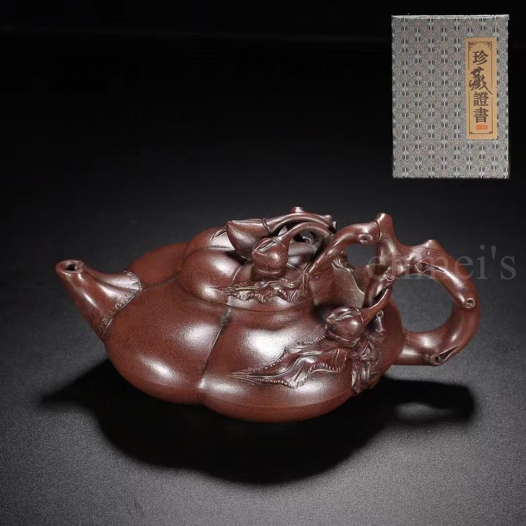 中国古美術・原鉱紫泥壽桃紫砂壺・底款：汪寅仙・紫砂壺・急須・茶壺・茶道具・置物
