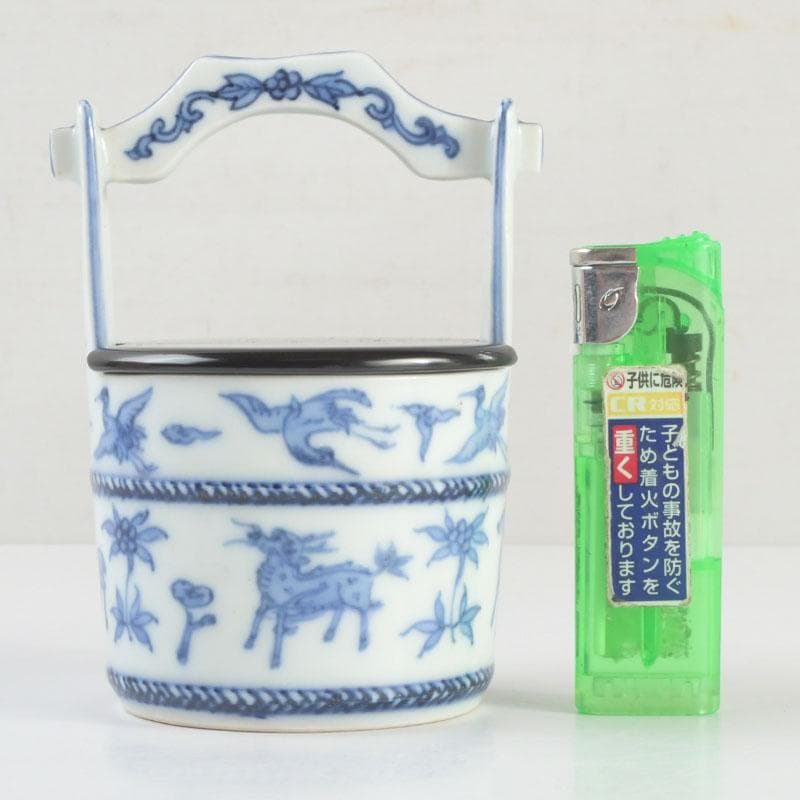 茶道具　平安和峰作　染付　花草神獣文　手桶茶入　共箱　V　9485