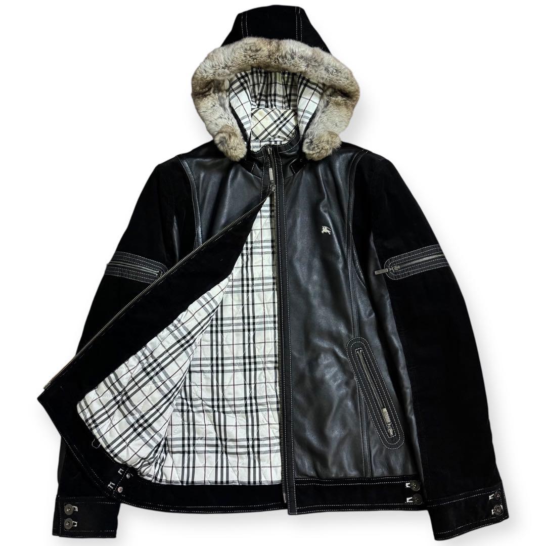 バーバリーブラックレーベル ファー付 ノバチェック レザージャケット M