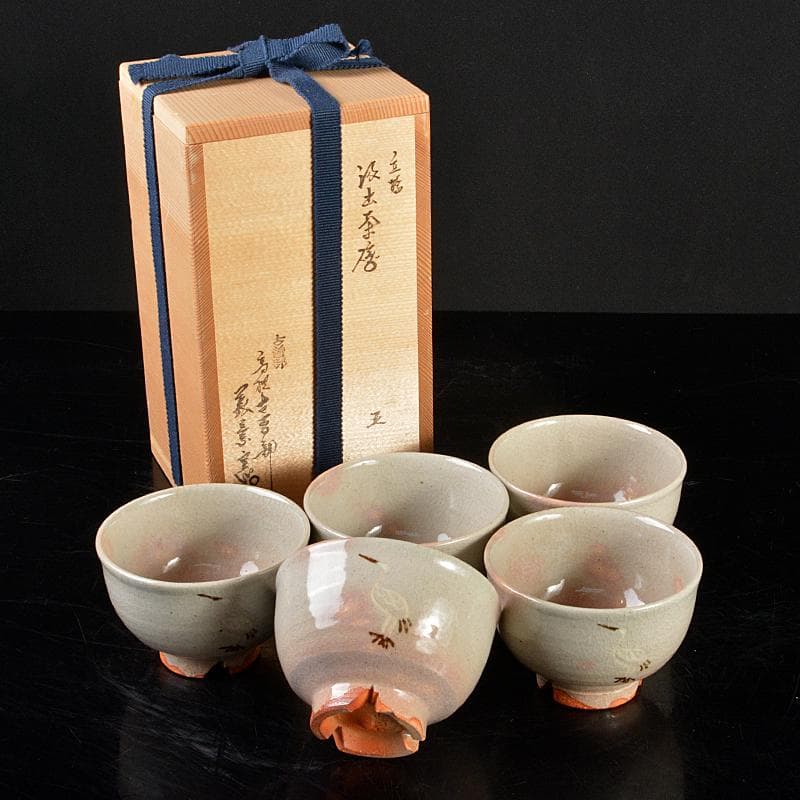 古曽部焼　高槻古曽部　寒川義崇造　立鷺　汲出茶碗　五客　共箱　M　R5724