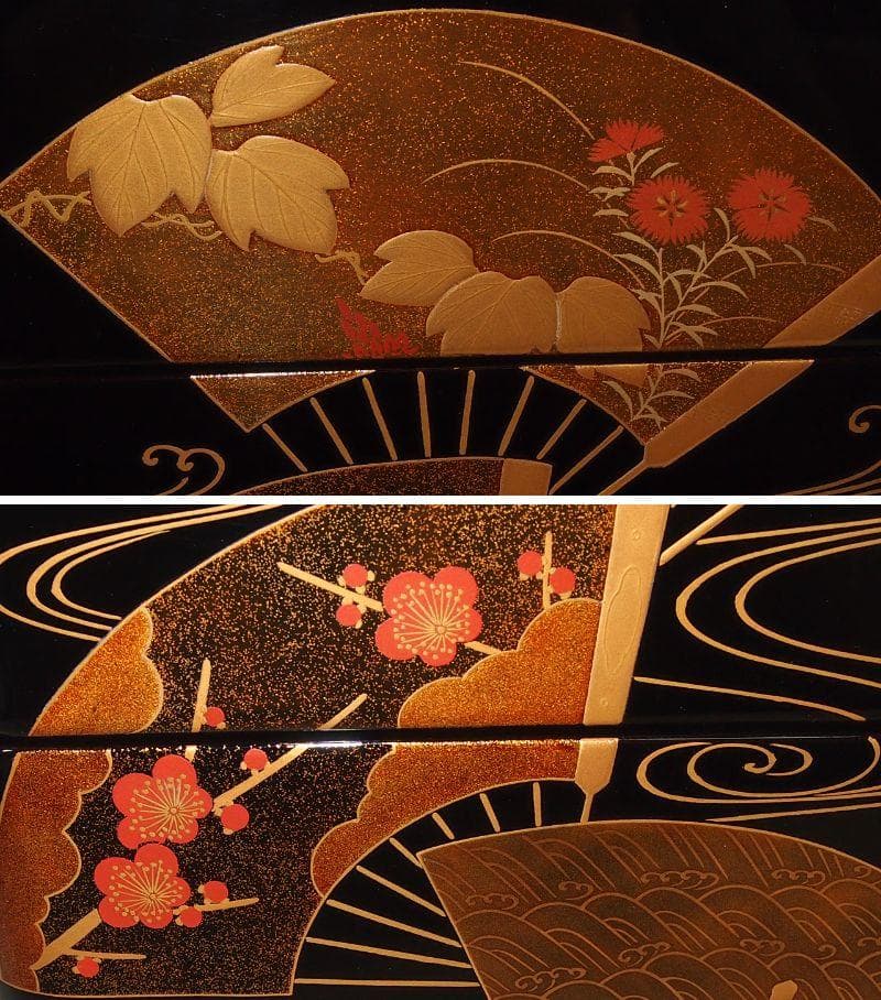 【高級・未使用】輪島塗 道甫作 扇面蒔絵 四段重箱 台付き お重/弁当箱 漆器