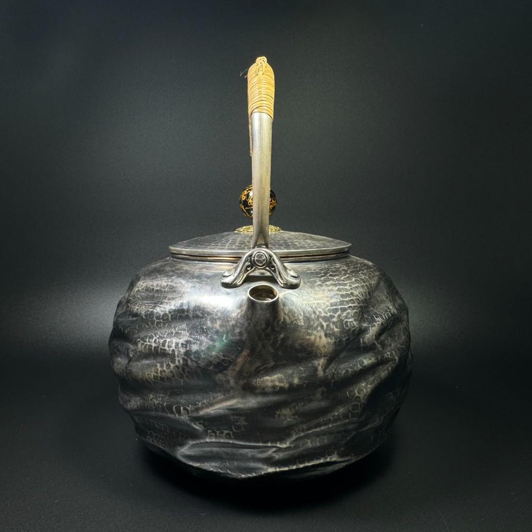 純銀製 金壽堂造 槌目 湯沸 古美術品 銀瓶 煎茶道具 箱付 純銀保証