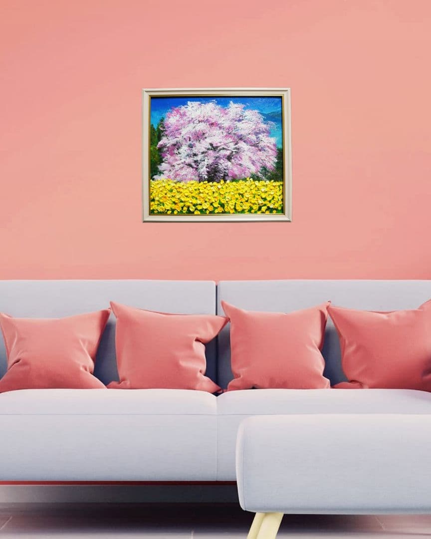 油絵 油彩 油彩画 絵 絵画 【菜の花と大桜】