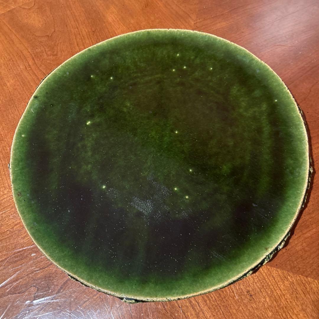 新品◆④織部焼　森脇　文直作　緑色の陶器製丸皿大皿35.5cm