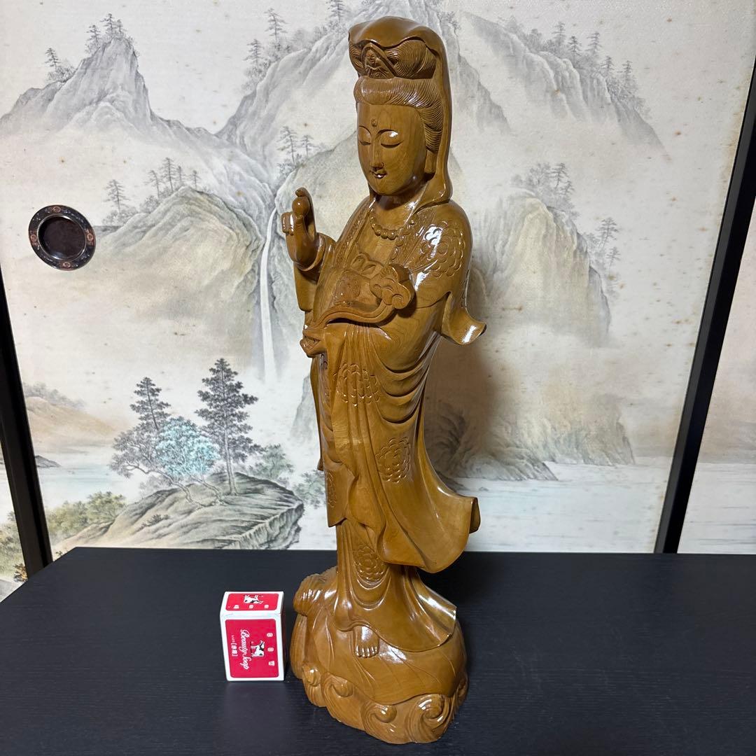 大型 観音菩薩 木彫　仏像 彫刻　開運　風水　置物　縁起物　インテリア　如意持ち