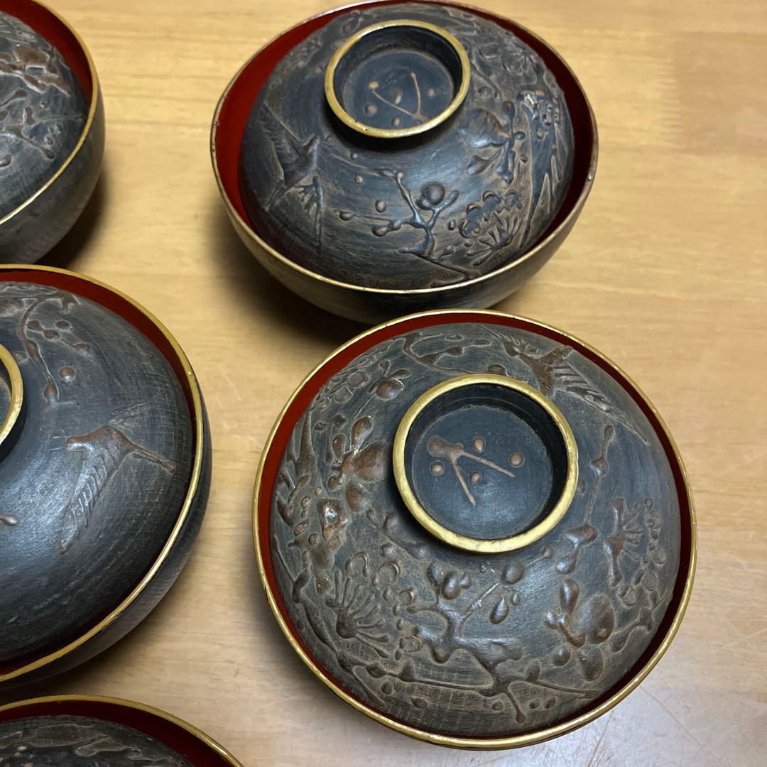 会津鉄錆塗（てつさびぬり）木製汁椀７客（明治〜大正時代）