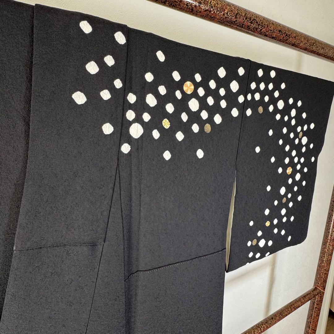 超美品　正絹　袷　訪問着　着物　164裄68 黒　絞り　小玉　金刺繍　トール