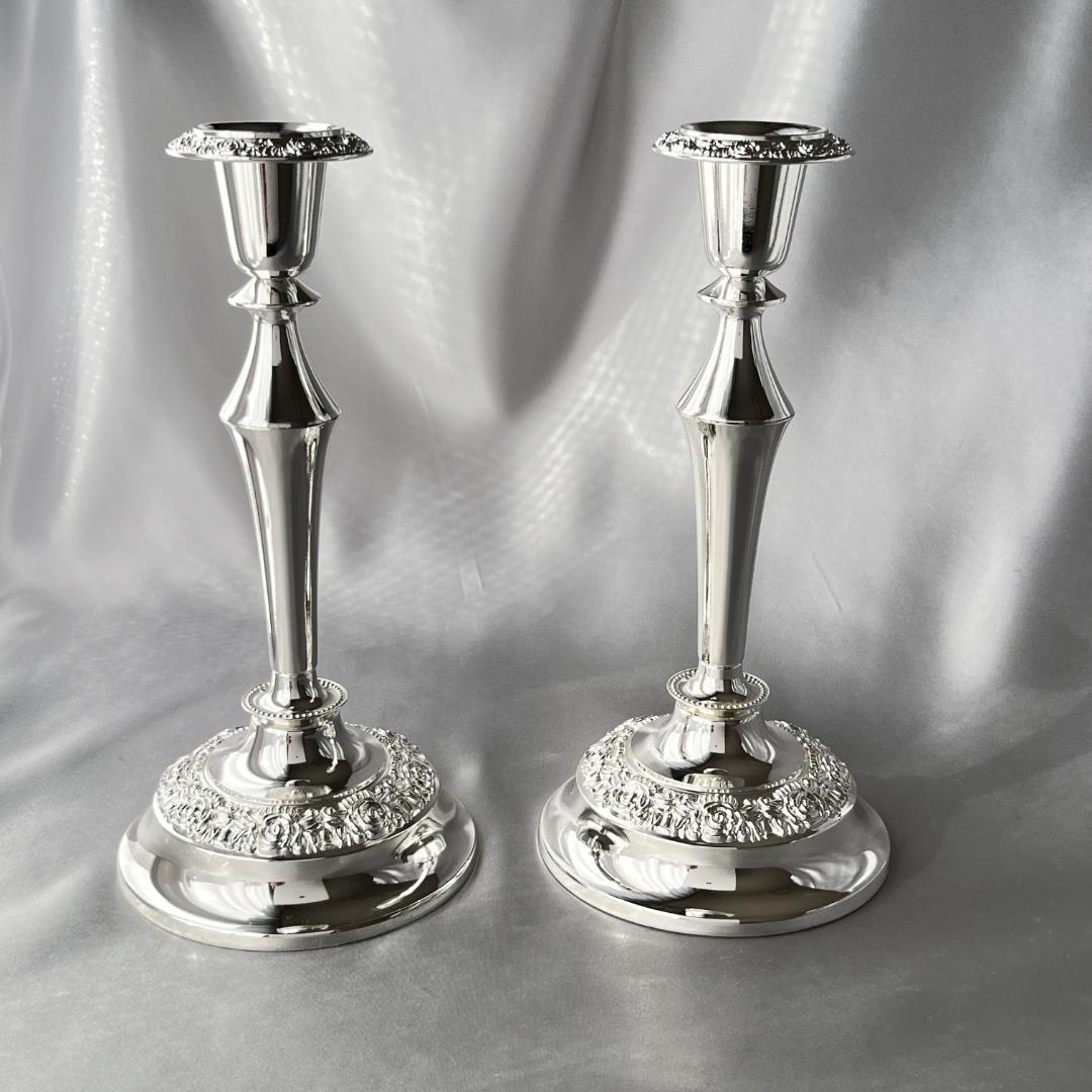 【QUEEN ANNE】 薔薇のキャンドルスタンド ペア【シルバープレート】