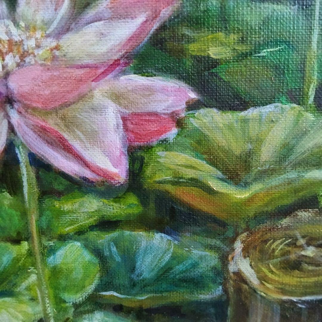 油絵 F4新作大賀ハス 、ゴールド額縁ガラス入り。 値下げ