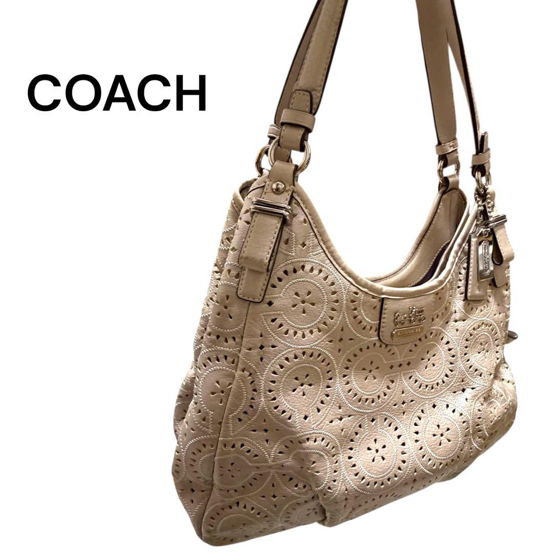COACH コーチ レザー パンチング ホーボーバッグ ピンクベージュ 美品