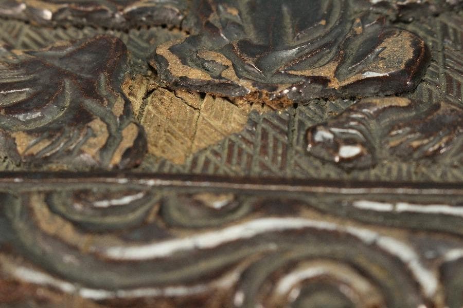 中国美術 彷 堆黒 具利縁 人物鳳鶴紋 蓋物(K-YC375)