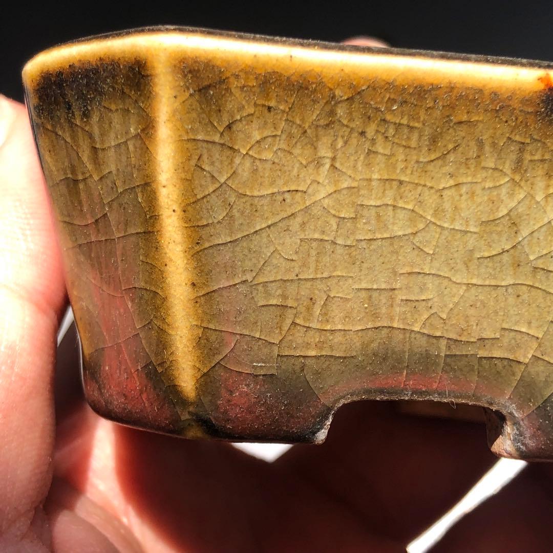 436.正子 窯変織布釉切角長方 盆栽鉢 7.6*6*3.7cm