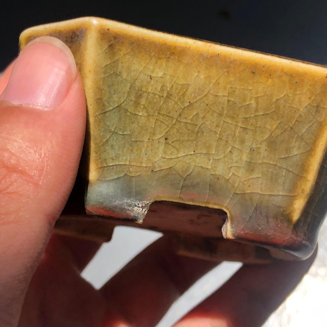 436.正子 窯変織布釉切角長方 盆栽鉢 7.6*6*3.7cm