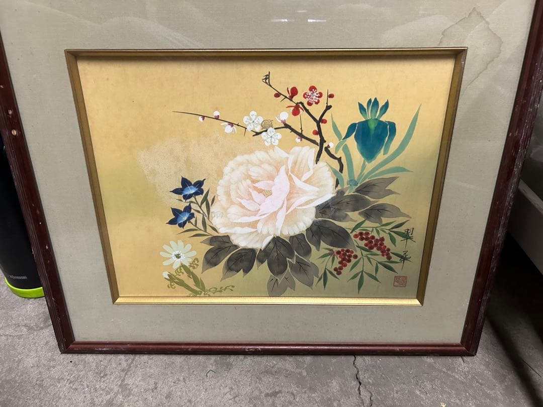 日本画 花の絵 木製フレーム付き