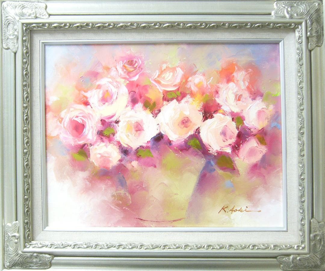 絵画 油絵 青木今陽 静物画 白とピンクの薔薇
