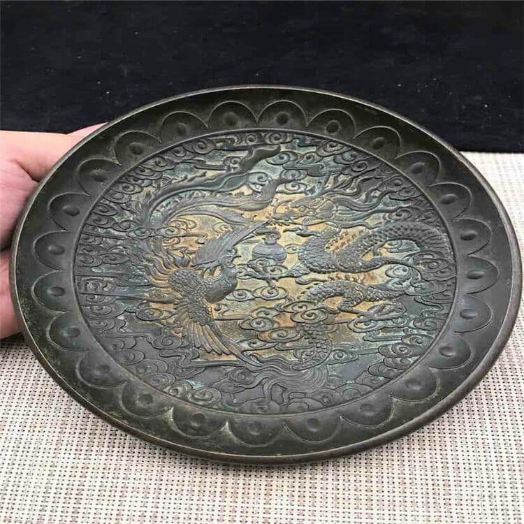 古玩古工芸品黄銅竜鳳大皿器型規整文房用品
