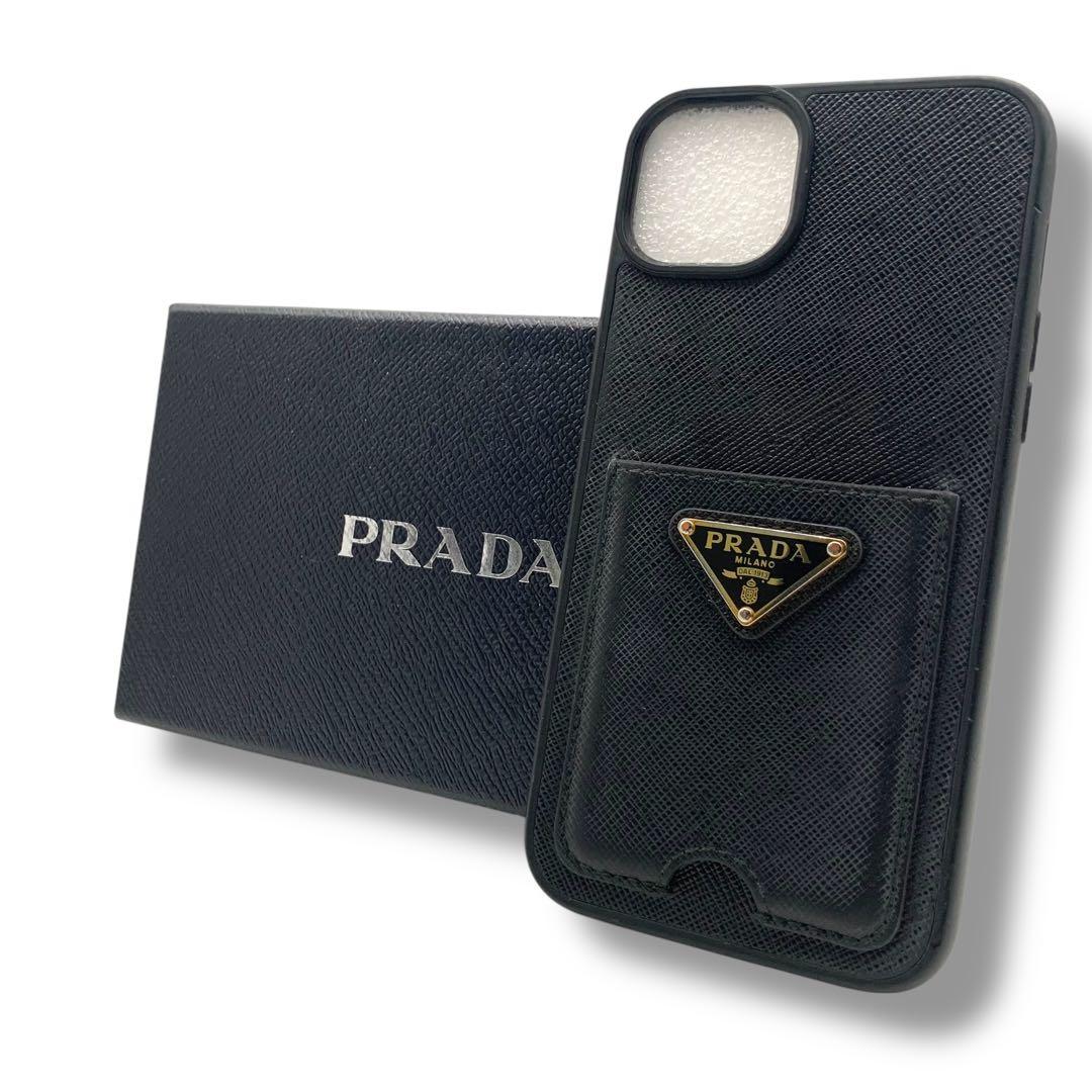 PRADA ブラック レザー iPhone用ケース　三角ロゴ