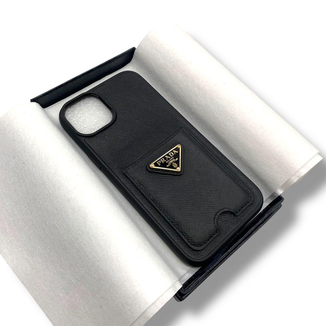PRADA ブラック レザー iPhone用ケース　三角ロゴ