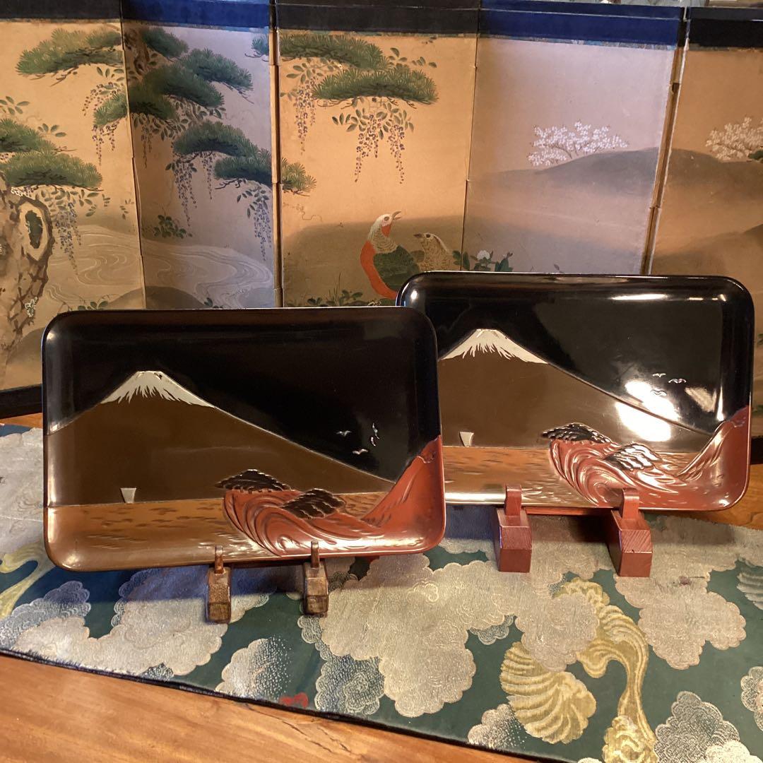 A1039 木製輪島塗　富士山　蒔絵　角盆　1枚