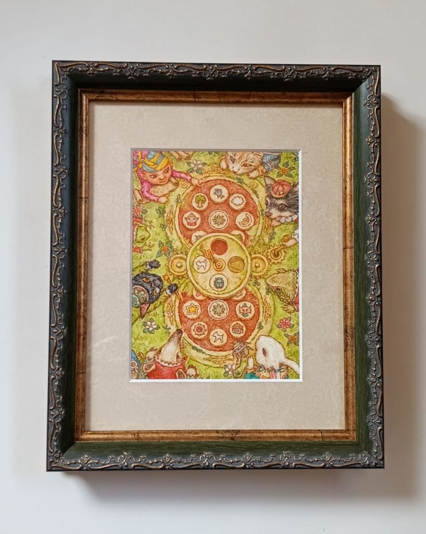 【原画】『丘の上のパズル②』パステル画　絵画　動物　チワワ　黒猫　ファンタジー