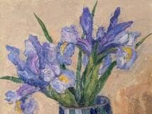 【真作】絵画　安宅乕雄　油彩4号　アイリス　春を告げる花瓶の彩り　Y20
