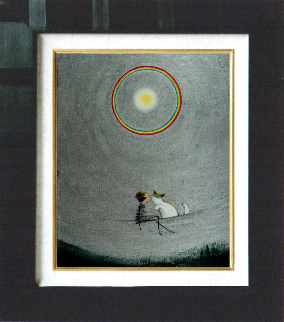 油絵 菅家令子絵 絵画インテリア額付(青緑＋金色の枠)F3-031019猫女の子