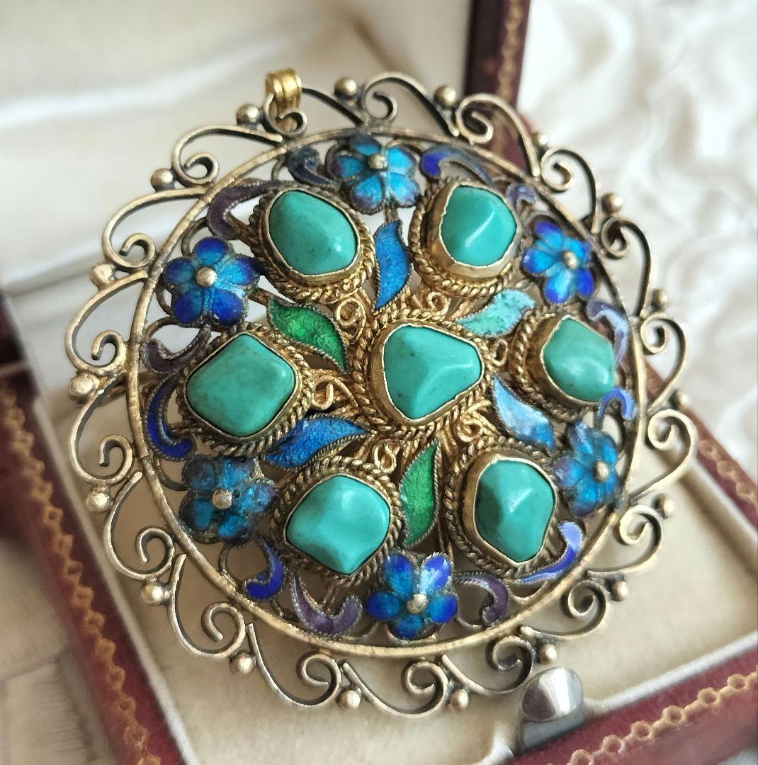 中国七宝 ターコイズ ブルーエナメルフラワーブローチ兼ペンダントトップ 銀線細工