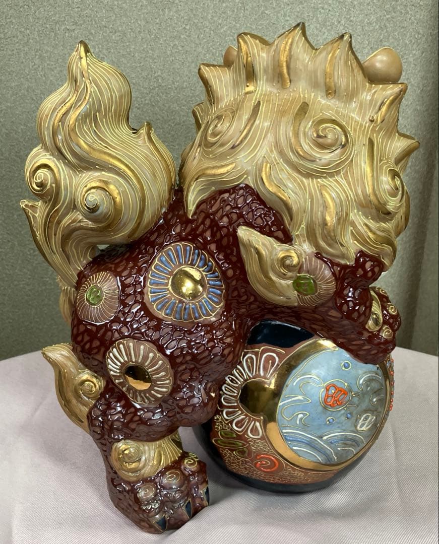 唐獅子 九谷焼 置物 魔除け 狛犬 玉獅子 縁起物 特大　刻印あり 外箱あり