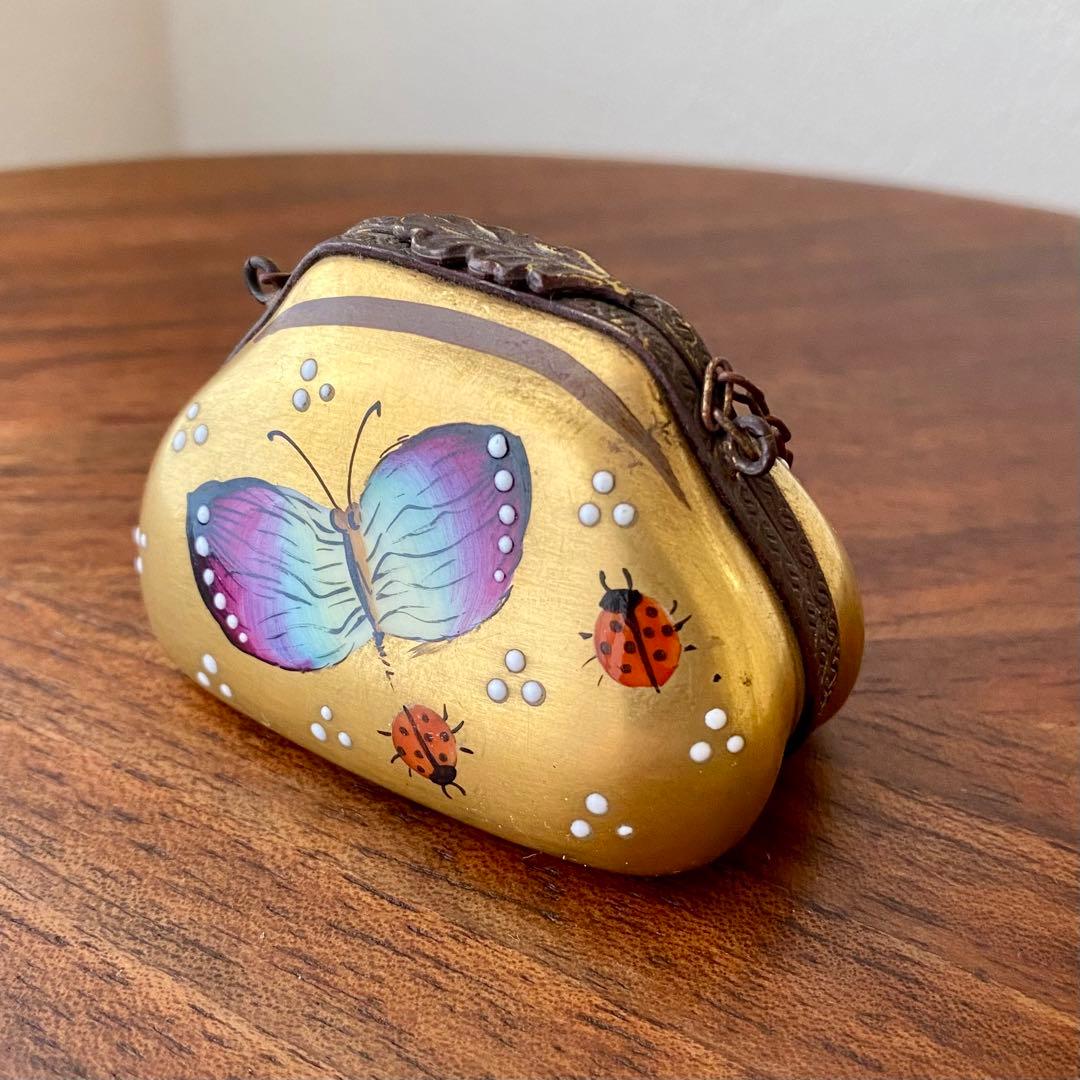 フランス製 ヴィンテージ リモージュボックス バッグ 蝶 てんとう虫 手描 金彩
