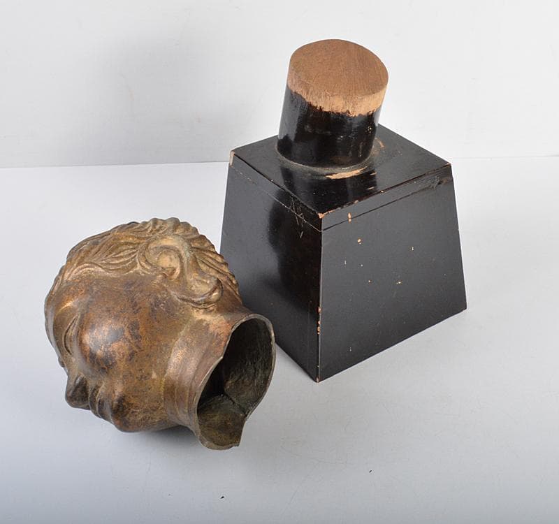 マツ　仏教美術　古銅鍍金　仏頭　仏像　木製台付　D R4397C