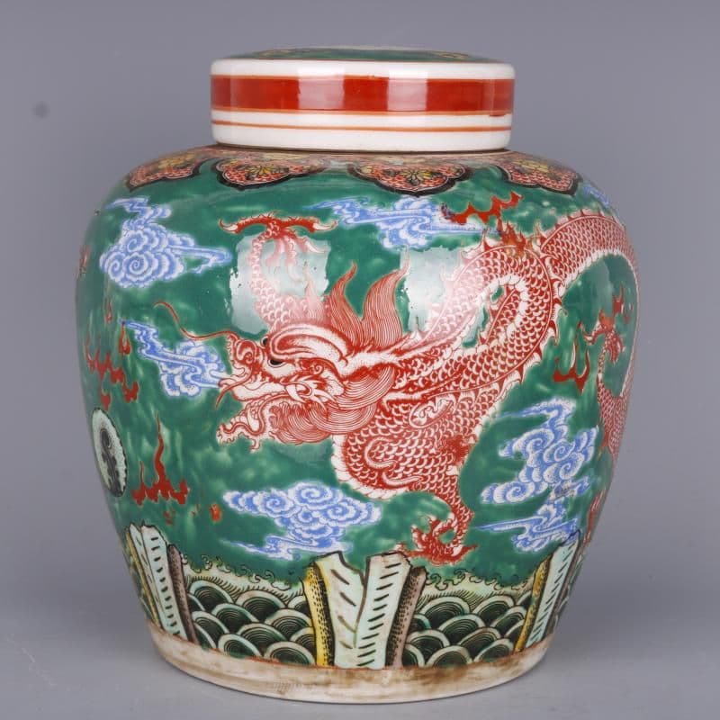 清雍正緑地粉彩龍鳳紋茶蓋缶 景徳鎮 陶磁器 装飾品 現代工芸品 美術品 置物