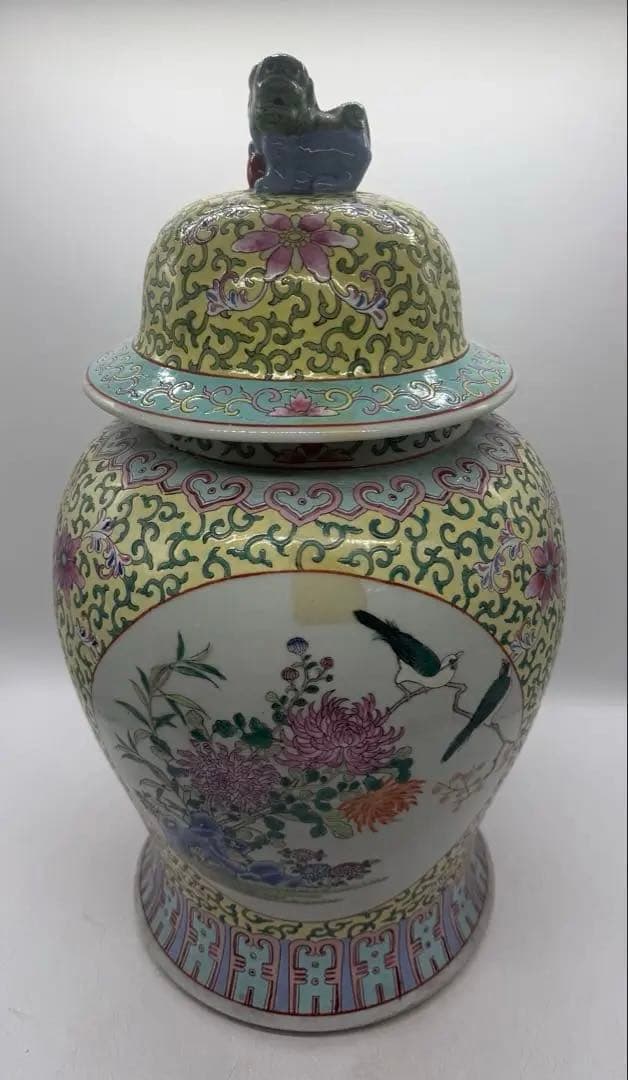 中国　清時代　粉彩　獅子摘み　花鳥紋大壺　送料込み251224