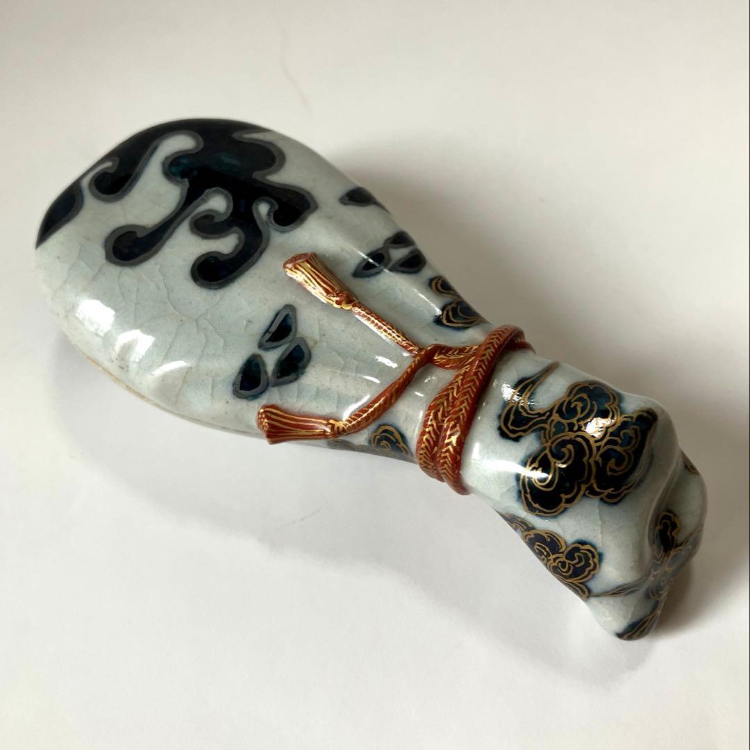 【茶道具】宮川香齋作 真葛焼 琵琶袋形香合 色絵金銀彩 真葛印 希少品