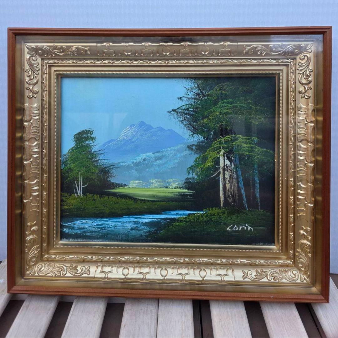油絵　風景画　額装付き　corin 静かな川と森から観る快晴の山岳