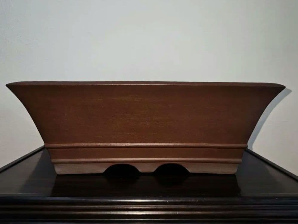 茶色の陶器製長方形盆栽鉢 太山　落款あり　希少　大型