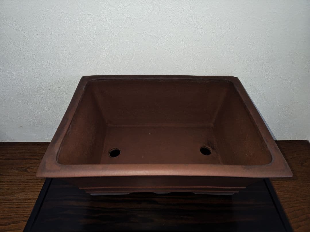 茶色の陶器製長方形盆栽鉢 太山　落款あり　希少　大型