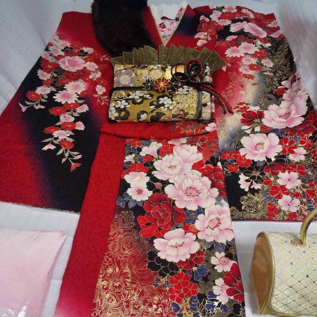 赤黒金桜正絹振袖フルセット等 袋帯 帯締め 帯揚げ 半襟 重ね襟 成人式卒業式等
