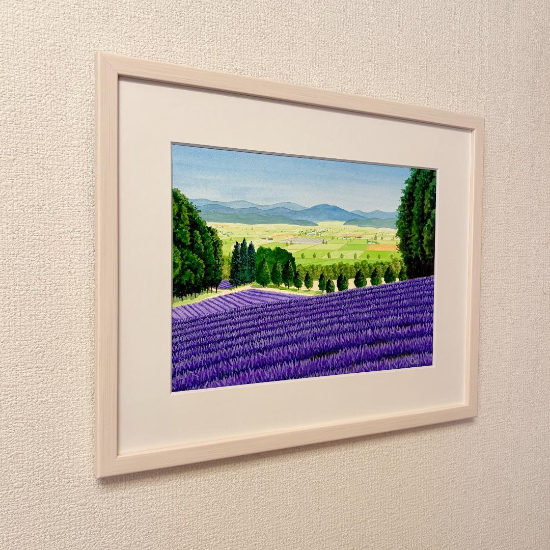 アクリル画　原画　「ラベンダー畑15」額縁付　F４サイズ　風景画