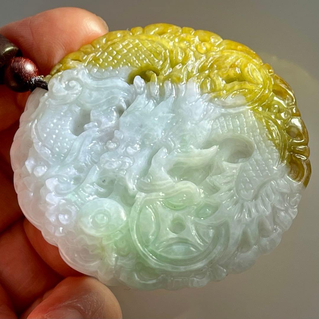 鑑別付 本翡翠 硬玉 A 龍神 招財 彫刻 ペンダント 15.5g 翡翠 一点物