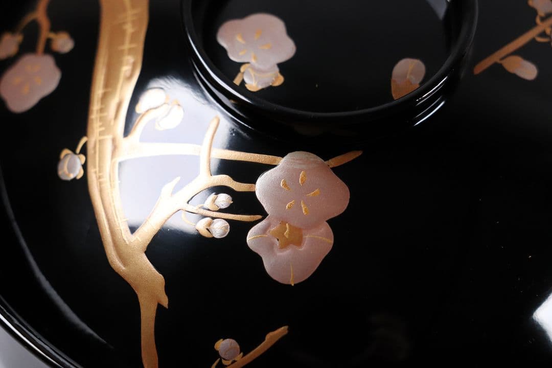 木製漆器 梅蒔絵 黒塗 椀 五客 漆芸 茶懐石 会席道具【MA287】