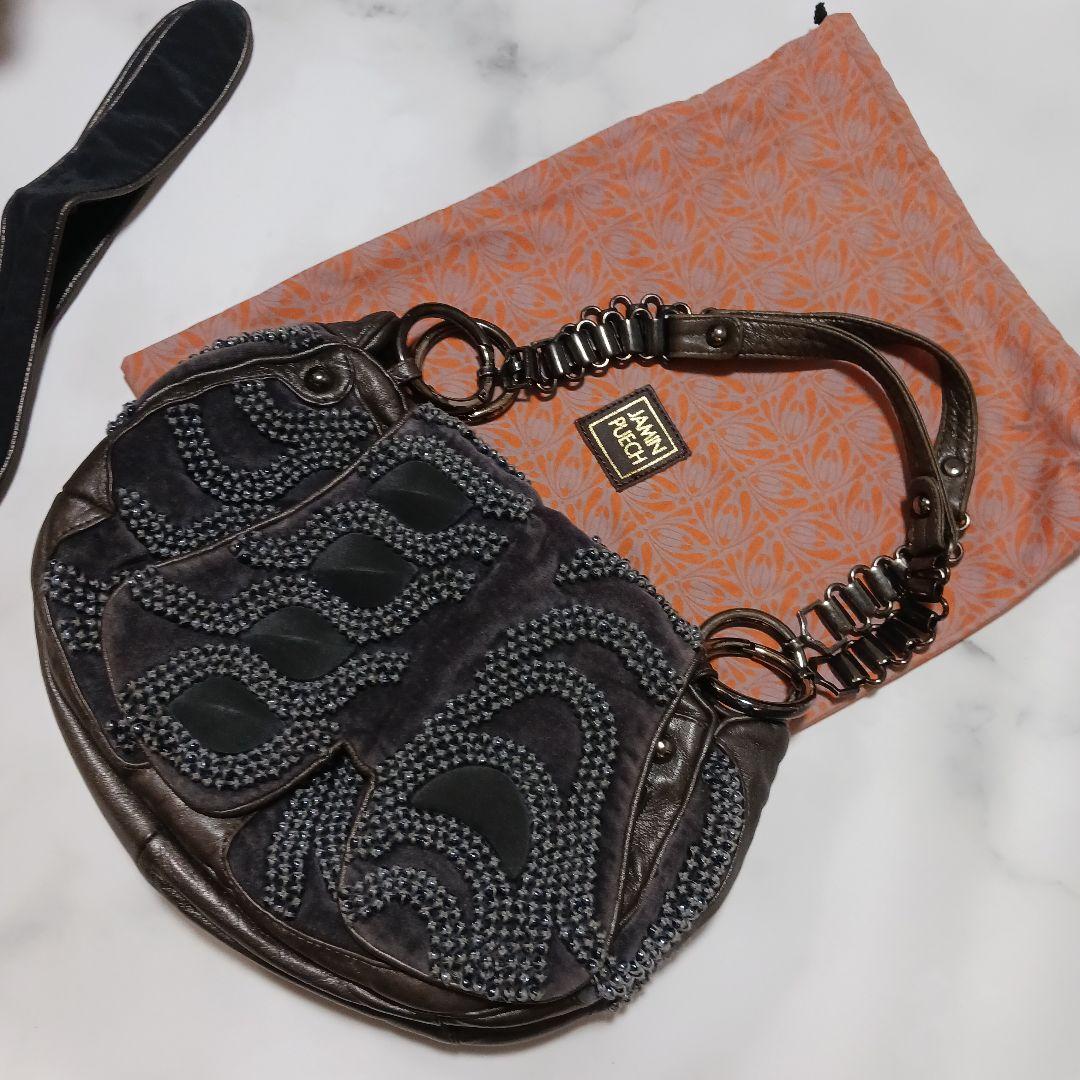 最終値下げ！ジャマンピエッシュビーズ装飾付きグレーショルダーバッグ（専用袋付！）