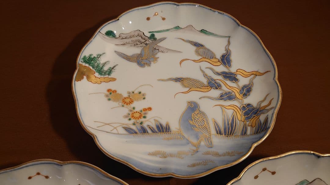 古伊万里　伊万里　大聖寺伊万里　大皿　金襴手　鳥の図　江戸期　3客