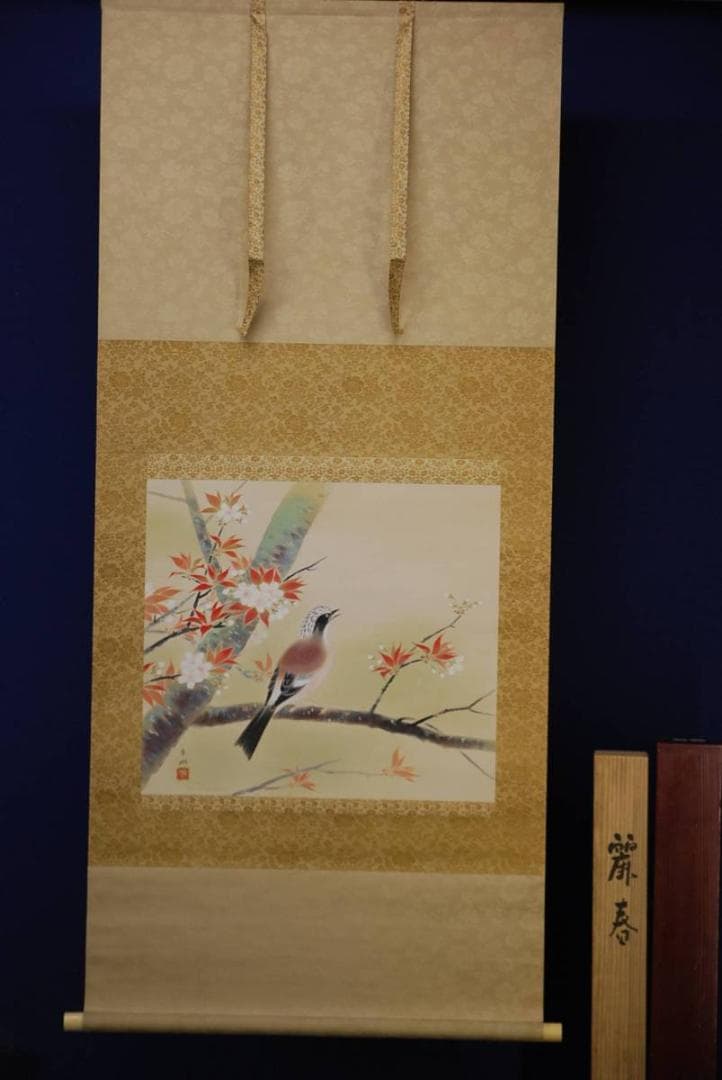 真作/森守明/麗春/山桜に小禽図/金襴表装/桐共箱付/布袋屋掛軸HC-689
