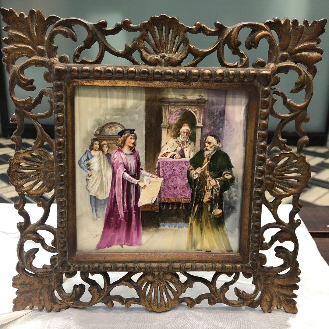 1800年代真鍮フレーム入り　ミントンベニスの商人　イギリスアンティーク