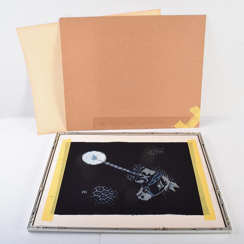 人間国宝　松枝玉記　藍染　久留米絣　綿織物　月兎　馬　額装　2点　CR7561B