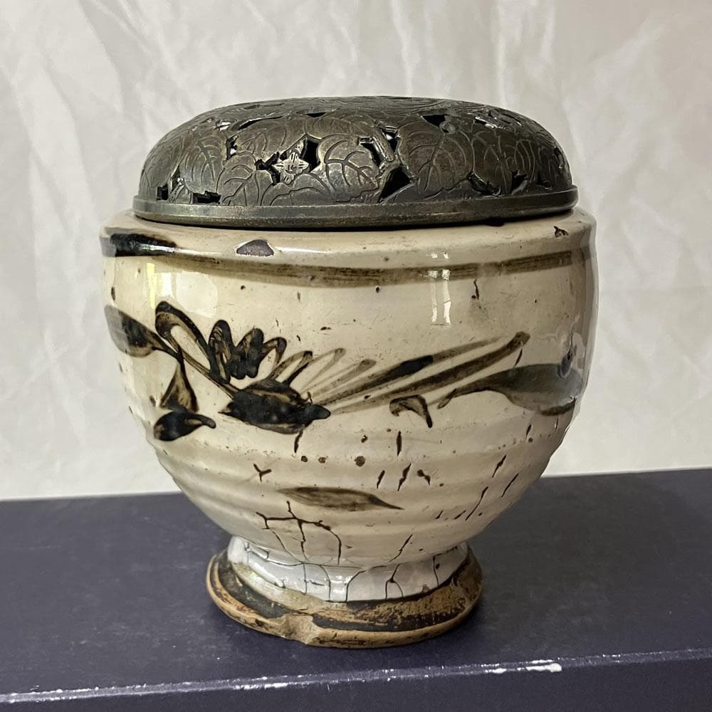 w149 中国古陶磁 鉄絵 香炉 銅製 火屋 中国古美術 茶道具