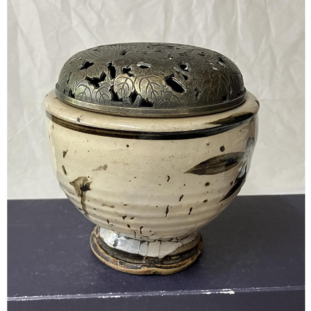 w149 中国古陶磁 鉄絵 香炉 銅製 火屋 中国古美術 茶道具